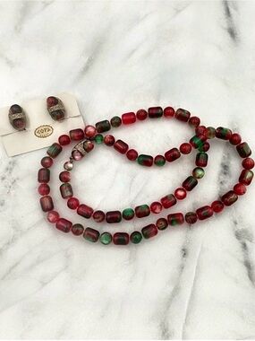 Vintage COPA Design Red Green Art Glass Bead Necklace Clip On Earrings Set Japan